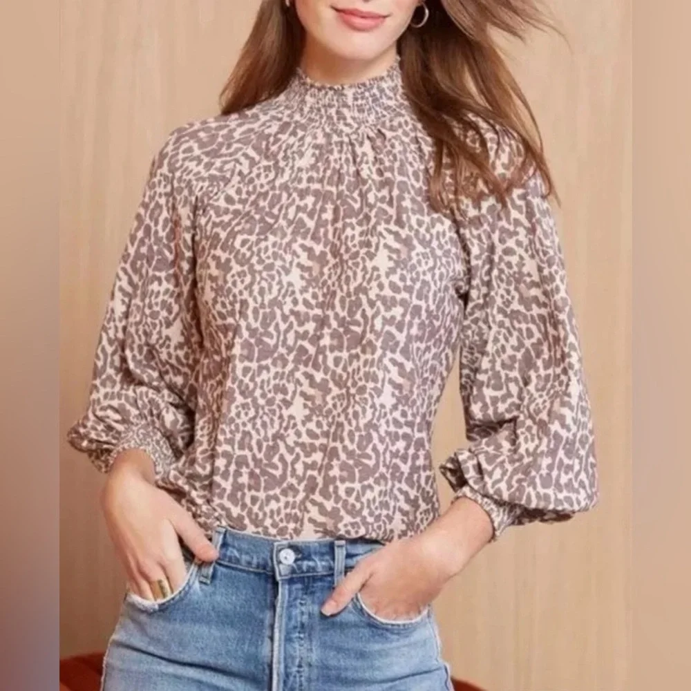 Nation LTD Melanie Smocked Peasant Tee Sz Small Antique Leopard Pima Cotton GUC!